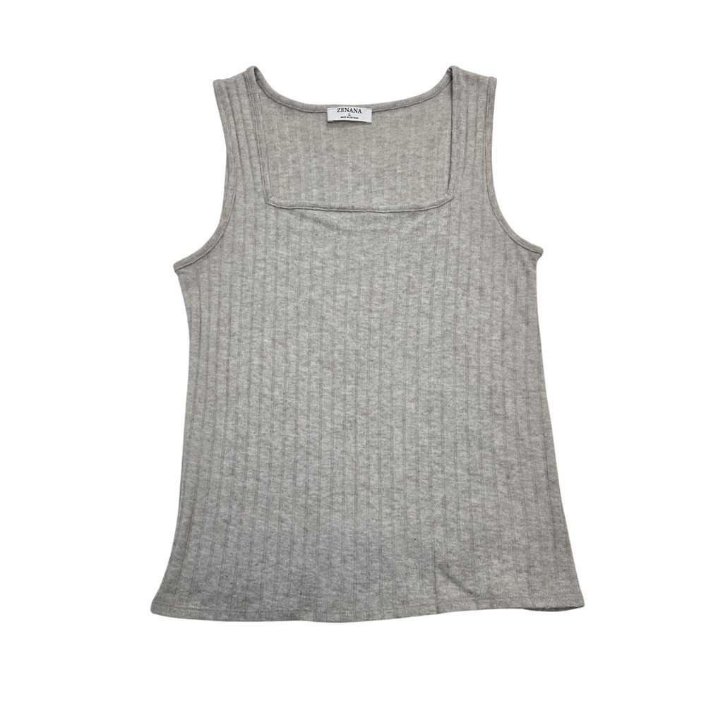 Zenana Ribbed Square Neck Tank Top Oatmeal Heather Beige Large Minimalist Layer